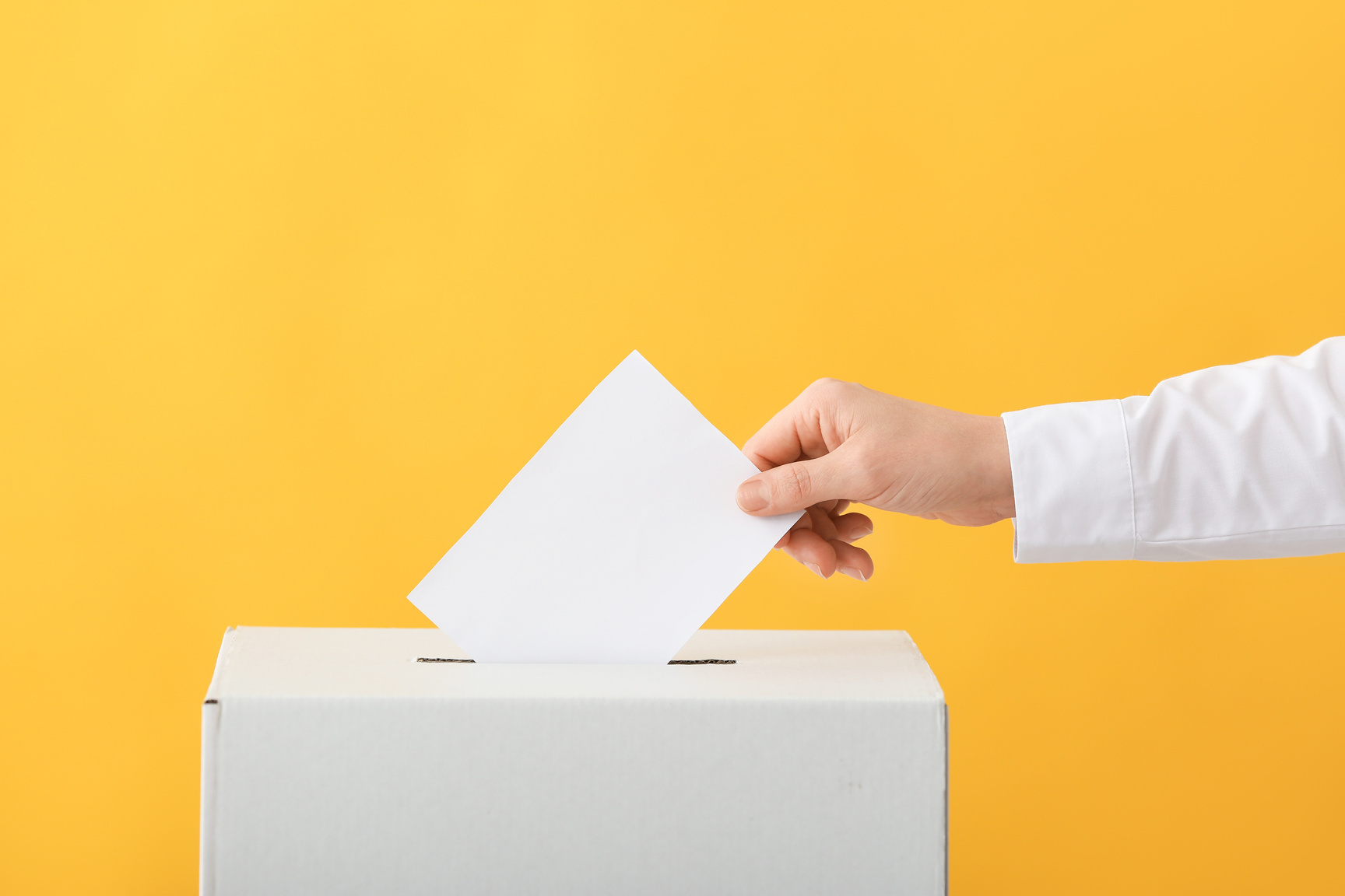 Voting near Ballot Box on Color Yellow Background